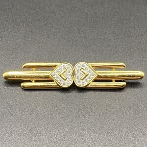 Monet Signed Rhinestone Double Heart Bar Brooch Pin Art Deco Style